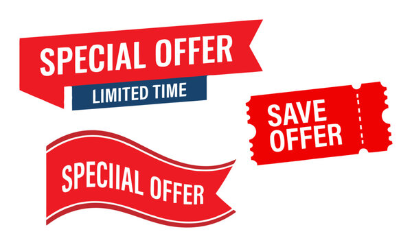 Three red promotional ribbons and badges with offer text for marketing campaigns