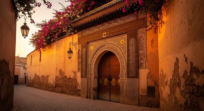 Ancient stone temple with ornate carvings and archway.