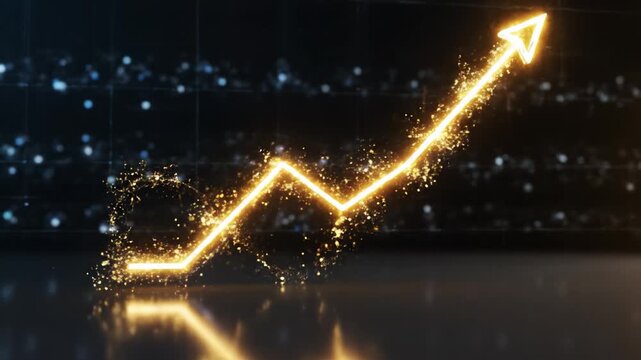 Glowing golden arrow graph with sparkling particles showing upward growth and success, combined with neon blue and orange infinity symbol reflective surface, symbolizing financial progress