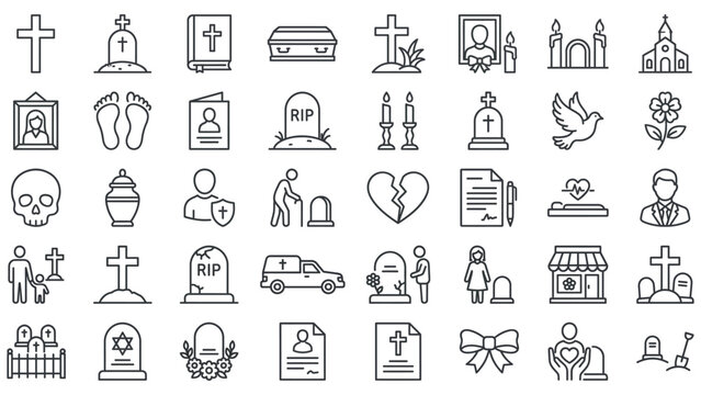 Line drawing icons related to death funeral and mourning on white background