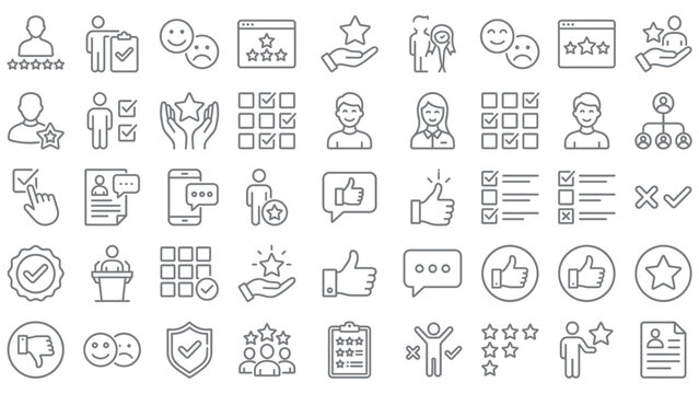 Set of gray line icons for user experience and feedback concepts
