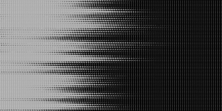 An abstract, high-contrast image featuring a dense grid of small squares that transitions from solid black at the top to white at the bottom, creating a dynamic, dissolving or fading effect across the