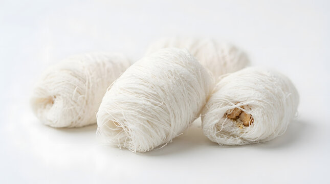 Childhood favorite food, dragon's beard candy floss rolls from China against white background