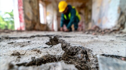 Naklejka premium Construction worker examines floor damage in an old building during renovation
