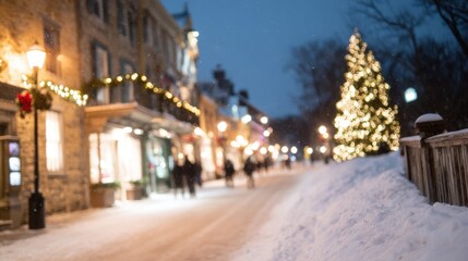 Fototapeta premium Winter evening in a snowy town with lights and holiday decorations