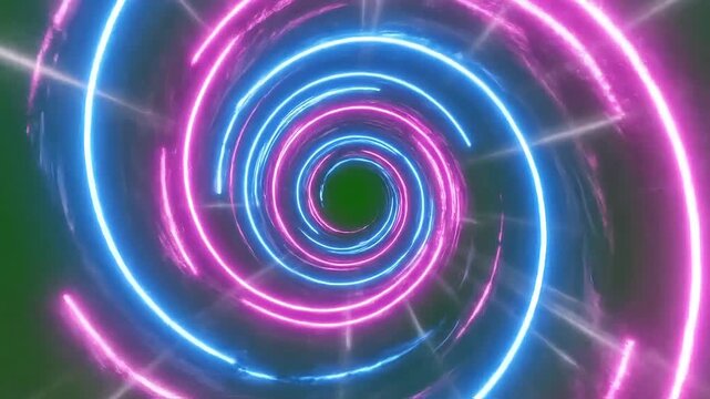 Vibrant neon lights swirl into a psychedelic tunnel, creating an energetic and futuristic visual.