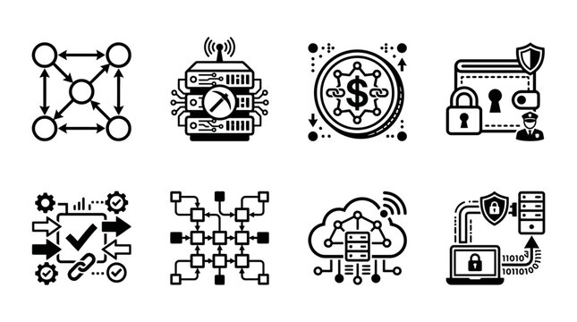 Set of blockchain and cryptocurrency technology icons