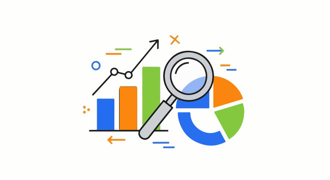 Flat graphic design of bar and pie charts, line graph, and magnifying glass