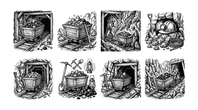 Set of mining industry illustrations with carts and tools