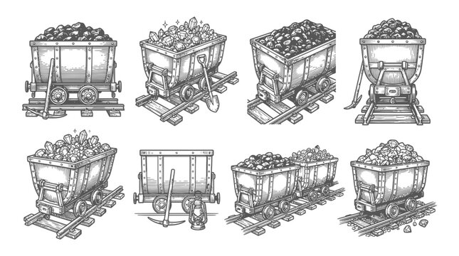Set of hand drawn mine carts with coal