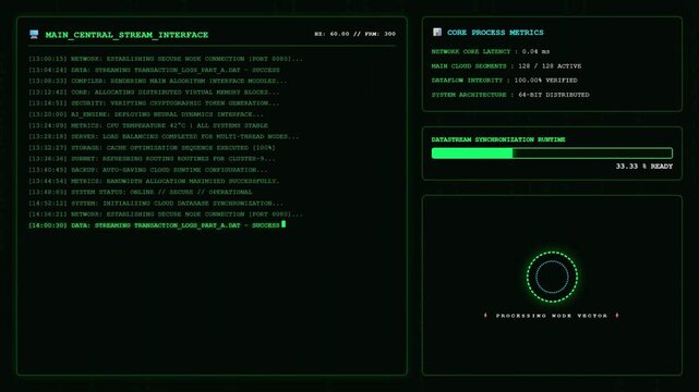 Green Hacker Terminal Data Stream Interface Computer Screen.