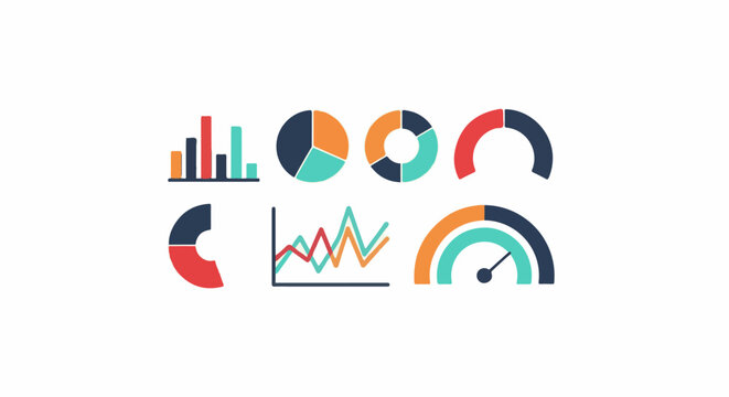 A collection of colorful, modern infographic elements including bar charts, pie charts, and gauges