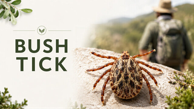 Bush tick on stone in nature with hiker in background. Infographic educational illustration about dangerous parasite and insect bite prevention for trekking and outdoor travel safety.