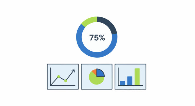 A collection of financial charts and graphs, including a donut chart showing 75%