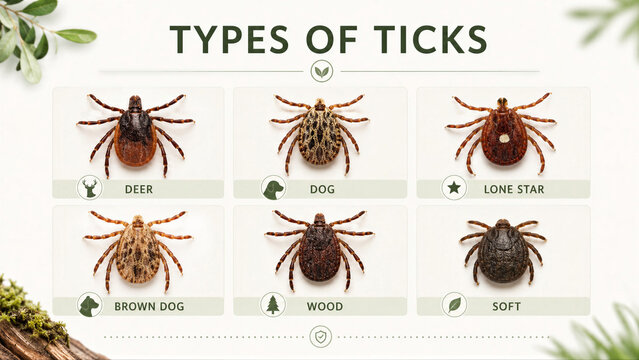 Infographic showing variety of tick species including deer, dog, lone star, brown dog, wood and soft tick. Educational chart for biology study. Veterinary and medical health prevention.