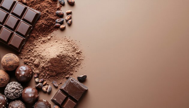 Elegant chocolate background with cocoa powder, dark chocolate pieces, and sweet pralines