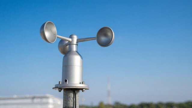 Metal anemometer on a rooftop against a clear blue sky, isolated subject.