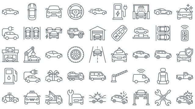 Collection of various car and transportation related icons and symbols