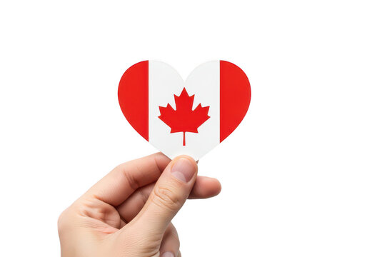 Hand holding red heart with canadian flag design PNG isolated on transparent background