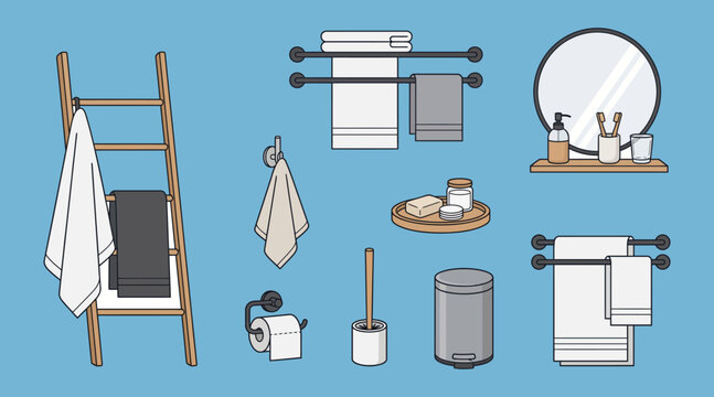 Set of bathroom accessories including ladder racks mirrors and towels in line style.
