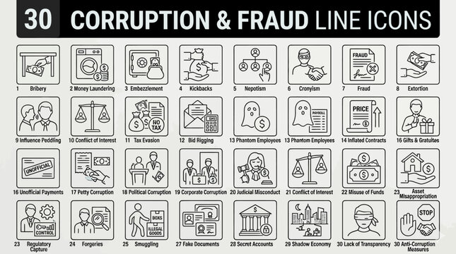 Thirty Corruption And Fraud Line Icons Flat Vector Illustration With Dark Blue Background bribery money laundering embezzlement kickbacks