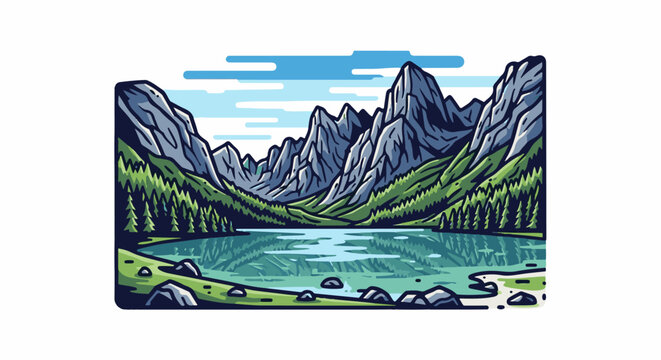 Majestic mountain lake surrounded by pine trees and rocky peaks