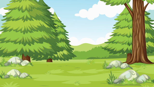 Lush forest scene with green trees and rolling hills illustration