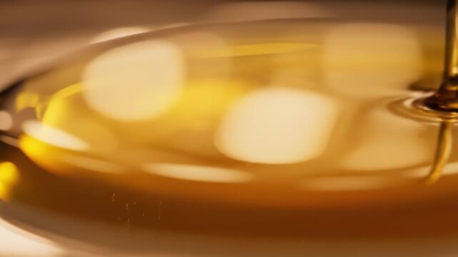 Golden oil drop spreading across smooth glass surface with warm light reflection and bokeh background, macro close up capturing luxury texture and golden liquid detail in elegant reflection