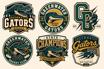 Naklejka premium Collection of six vintage-style Greenwater Gators hockey team logos featuring fierce alligators, sports equipment, and championship themes.