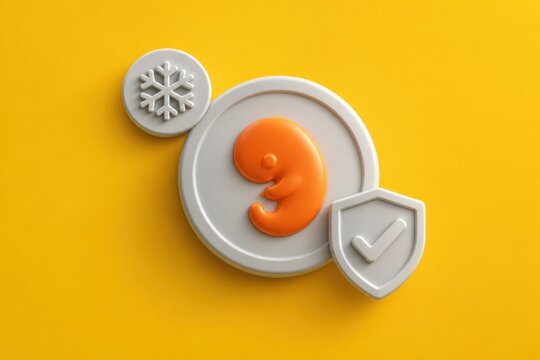 Minimal 3D number nine badge with shield check and snowflake on yellow copy space background