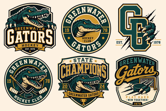 Collection of six vintage-style Greenwater Gators hockey team logos featuring fierce alligators, sports equipment, and championship themes.