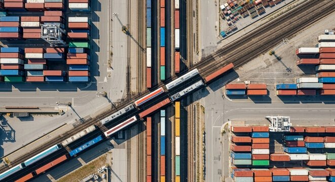 Aerial view of a busy port terminal showcasing trains loaded with shipping containers on multiple railway tracks