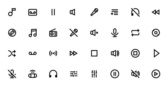 Music icon set. Minimalist vector icons pack. Includes symbols for notes, cassette, microphone, headphones, record player, radio, CD, volume controls, playback controls, shuffle, repeat, mute, pause, 