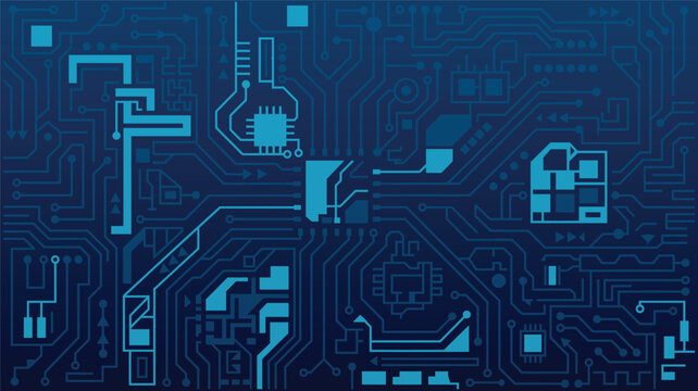 Futuristic Blue Circuit Board Technology, Digital Microchip Background, Tech Innovation, Electronic Design, Abstract Cyber Network, Modern Computer Hardware, Vector Illustration