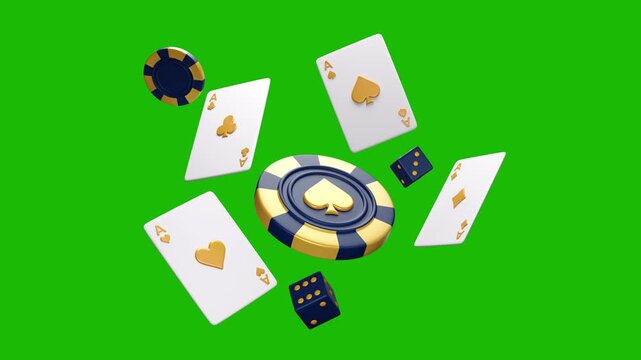 3d Casino chips and playing card exploding on a green screen background