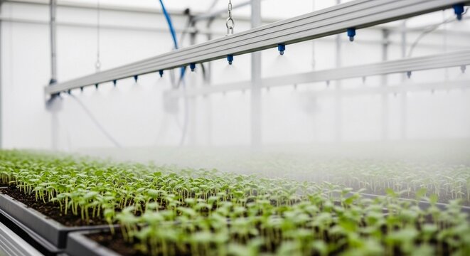 Automated greenhouse misting system hydrates young seedlings, promoting growth in controlled agricultural environment