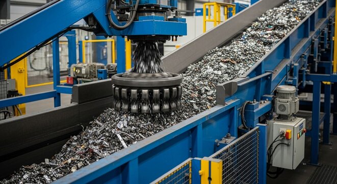 Automated Industrial Scrap Metal Sorting Conveyor System in a Recycling Facility