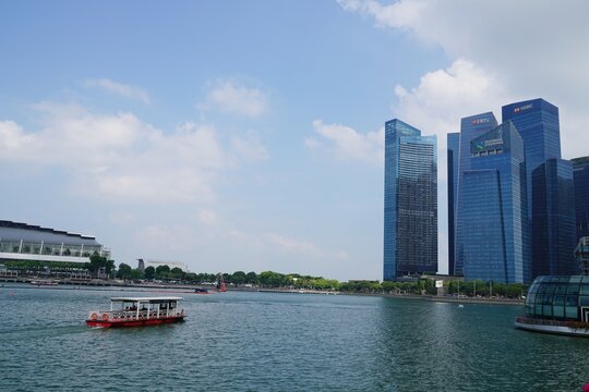 Marina Bay cruise boat and financial center for National Day holiday concept