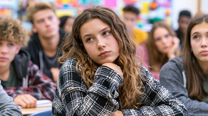 Fototapeta premium Diverse students sitting silently in classroom before teacher arrives, subtle nervous energy, realistic candid expressions, documentary photography style