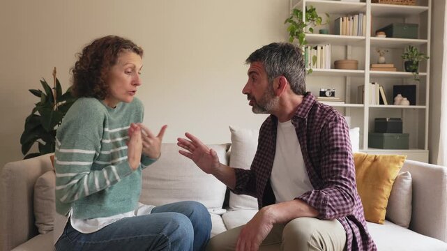 Angry middle-aged arguing and fighting on the sofa