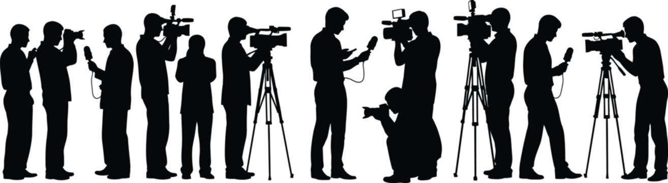 Photographers Icon Set Featuring Silhouetted Camera Operators with Tripods and Photo Accessories in a Clean Vector Style