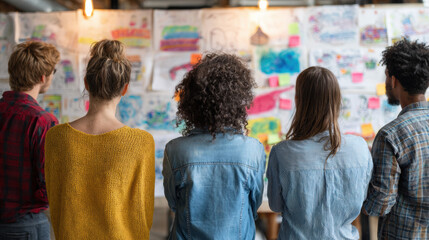 Obraz premium Creative Brainstorming Session: A diverse group of young professionals gazes at a colorful wall covered in sketches, ideas, and notes, symbolizing a dynamic brainstorming and ideation process.