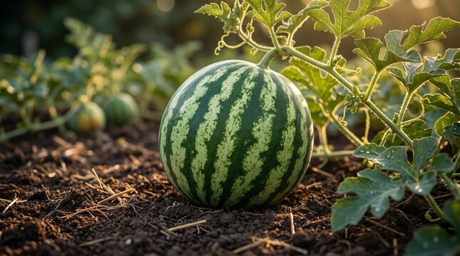Fresh striped watermelon ripens on a vine in a sunny garden plot during the golden hour of a warm summer afternoon