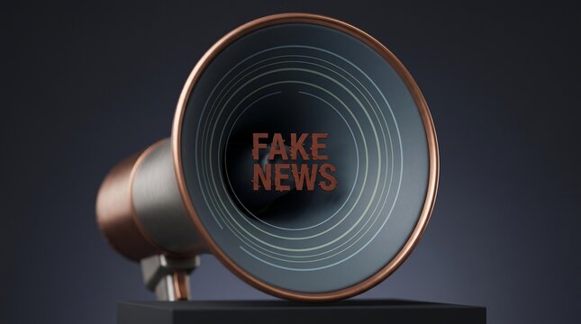 Modern megaphone displaying fake news text concept representing misinformation and digital media deception on dark background