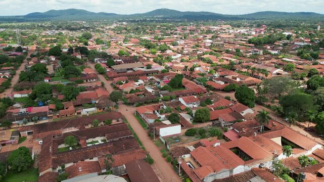 Low flyover of charming streets of San Ignacio de Velasco in Bolivia