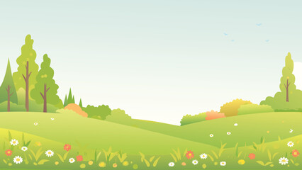 Pastoral landscape illustration with rolling hills and stylized trees © PUNNABEGUM