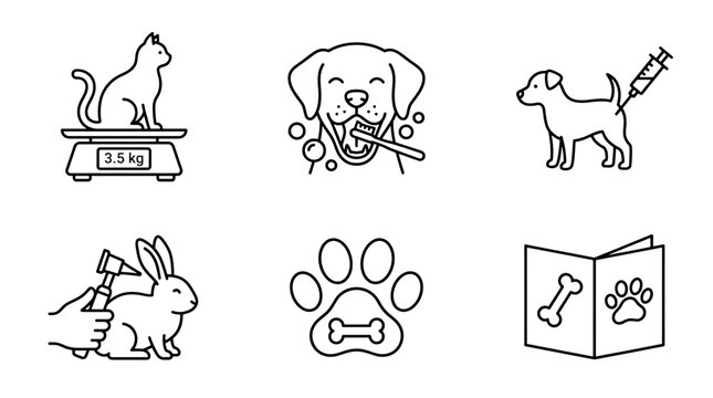 A set of six white line depicting veterinary care, including a cat on a scale, dog teeth cleaning, vaccination, and pet health examination isolated on a transparent background