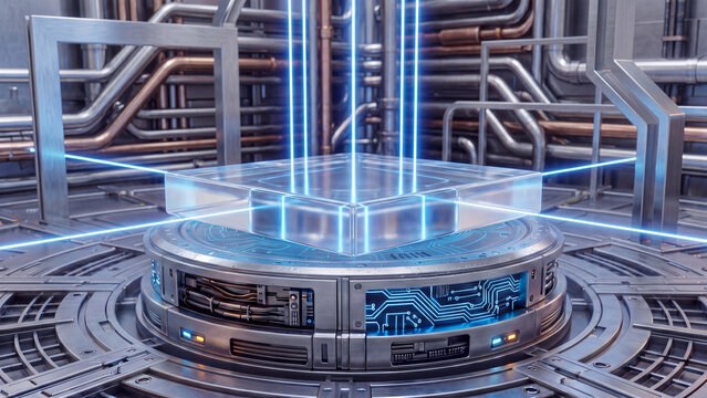 Futuristic technology platform with glowing blue light beams, transparent cube, and intricate machinery.