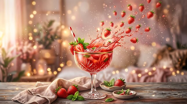 Minuman stroberi dingin memercik keluar dari gelas kristal elegan yang melambangkan perayaan meriah dan kegembiraan momen pesta musim panas