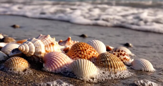 Ocean waves wash over colorful sea shells lying on a sandy tropical beach